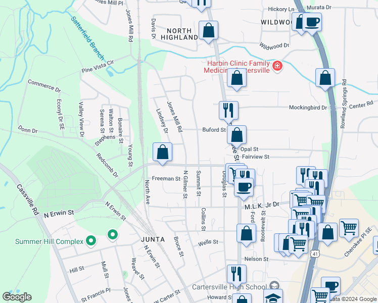 map of restaurants, bars, coffee shops, grocery stores, and more near 621 Jones Mill Road in Cartersville