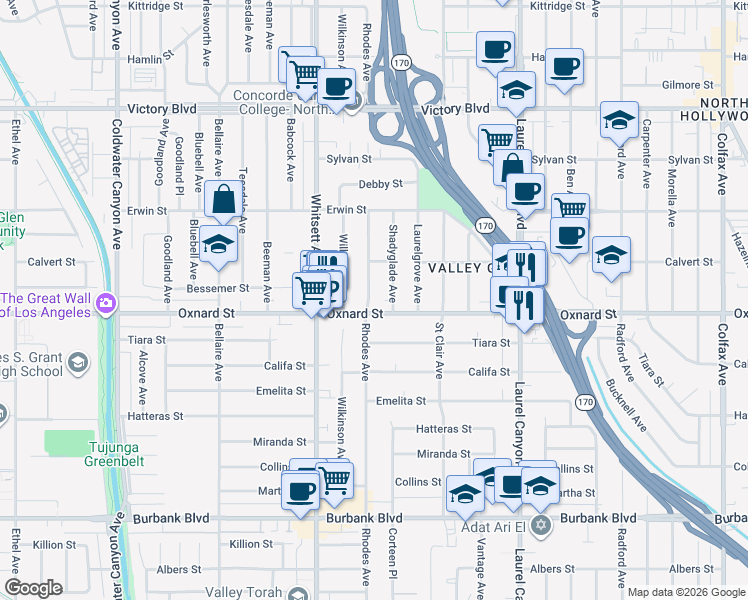 map of restaurants, bars, coffee shops, grocery stores, and more near 6012 Rhodes Avenue in Los Angeles