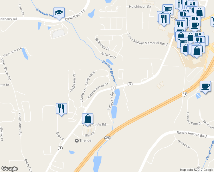 map of restaurants, bars, coffee shops, grocery stores, and more near 1690 Independence Trail in Cumming
