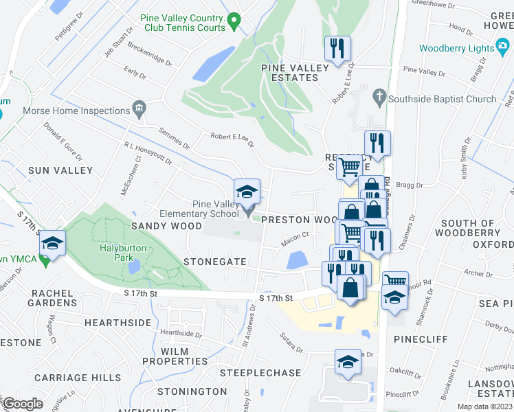 map of restaurants, bars, coffee shops, grocery stores, and more near 447 John S Mosby Drive in Wilmington