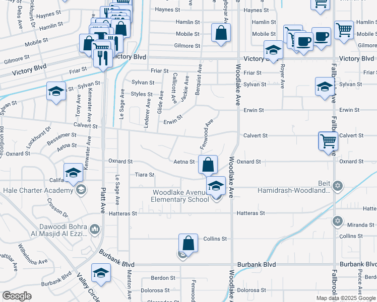 map of restaurants, bars, coffee shops, grocery stores, and more near 23341 Bessemer Street in Los Angeles