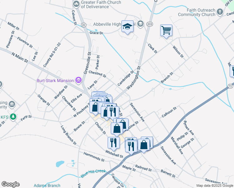 map of restaurants, bars, coffee shops, grocery stores, and more near 313 Washington Street in Abbeville