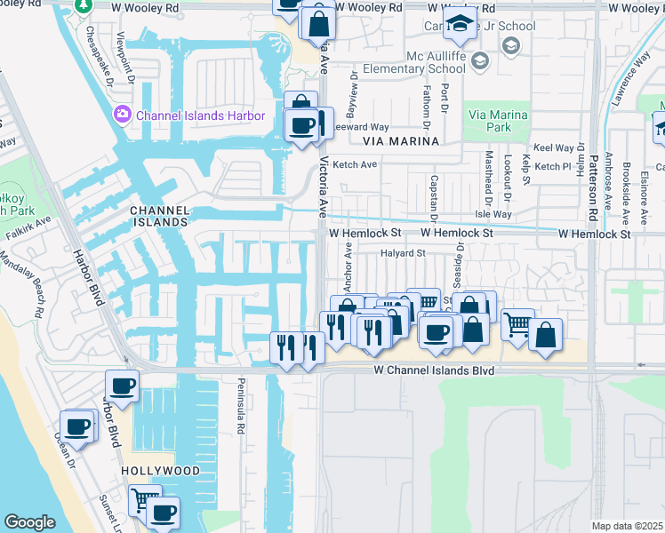 map of restaurants, bars, coffee shops, grocery stores, and more near 2622 Victoria Avenue in Port Hueneme