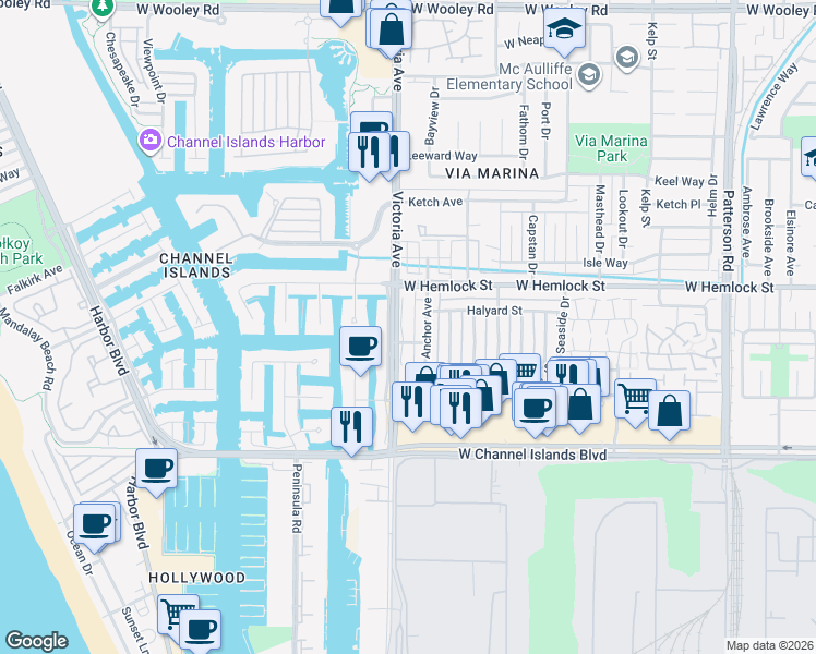 map of restaurants, bars, coffee shops, grocery stores, and more near 2035 Victoria Avenue in Ventura