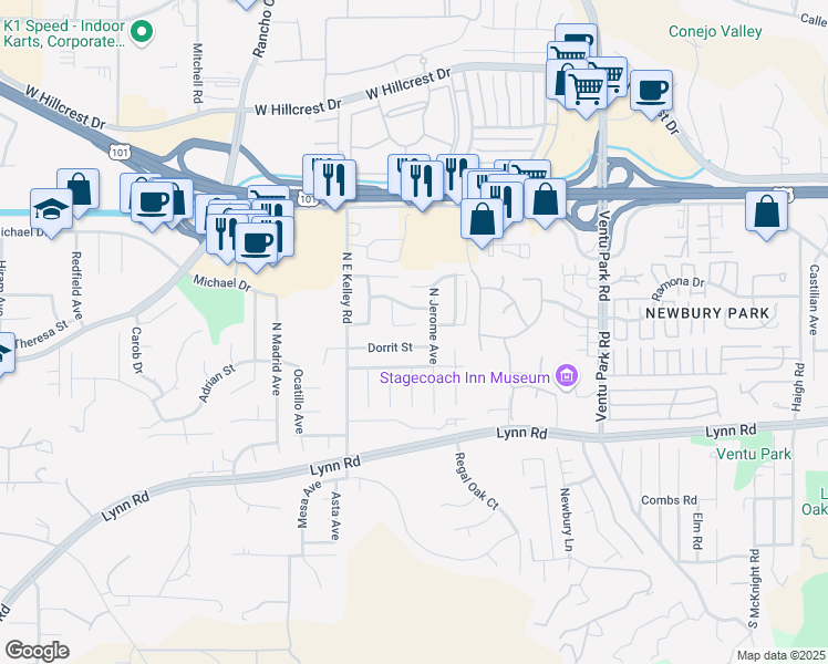 map of restaurants, bars, coffee shops, grocery stores, and more near 135 Shamrock Court in Thousand Oaks