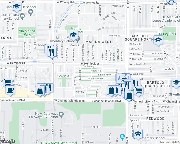 map of restaurants, bars, coffee shops, grocery stores, and more near 11 West Fiesta Green in Port Hueneme