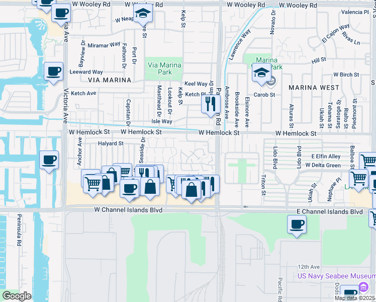 map of restaurants, bars, coffee shops, grocery stores, and more near 2611 Captains Avenue in Port Hueneme