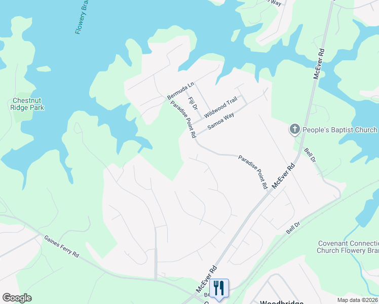 map of restaurants, bars, coffee shops, grocery stores, and more near 6434 S Creek Ct in Flowery Branch