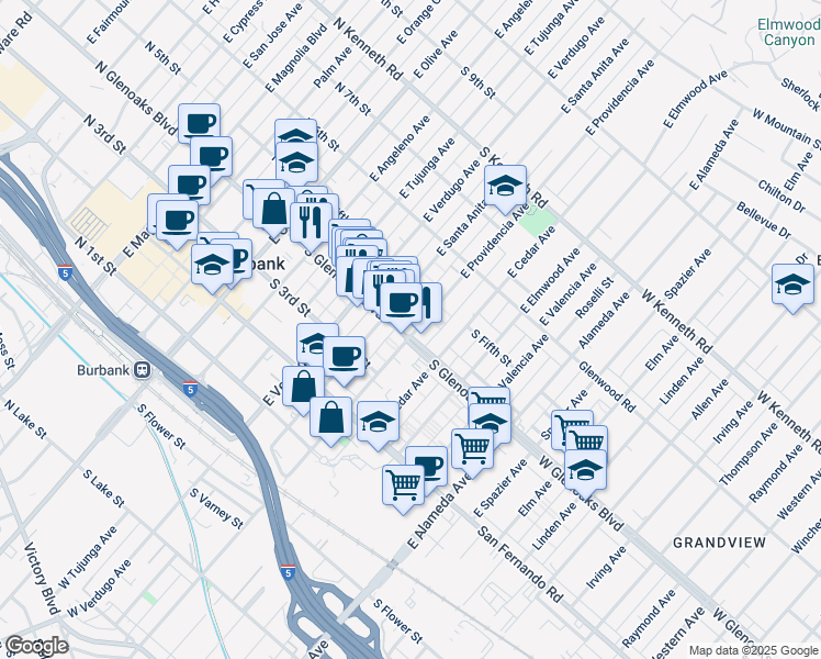 map of restaurants, bars, coffee shops, grocery stores, and more near 500 South Glenoaks Boulevard in Burbank