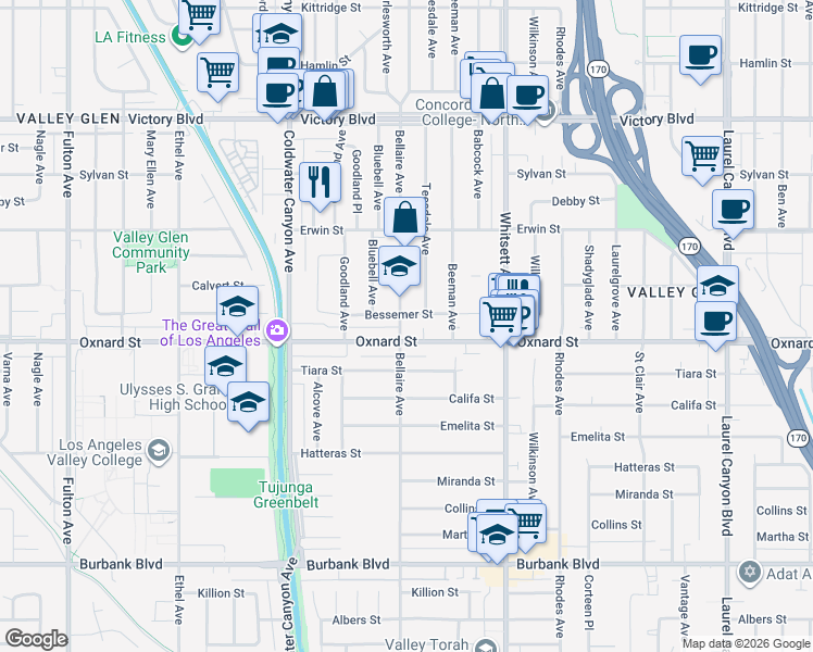 map of restaurants, bars, coffee shops, grocery stores, and more near 6016 Bellaire Avenue in Los Angeles