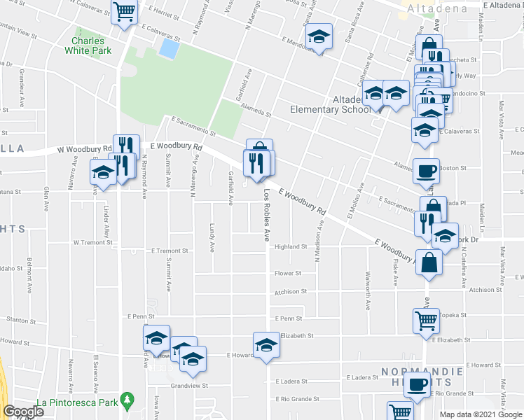 map of restaurants, bars, coffee shops, grocery stores, and more near 1985 North Los Robles Avenue in Pasadena