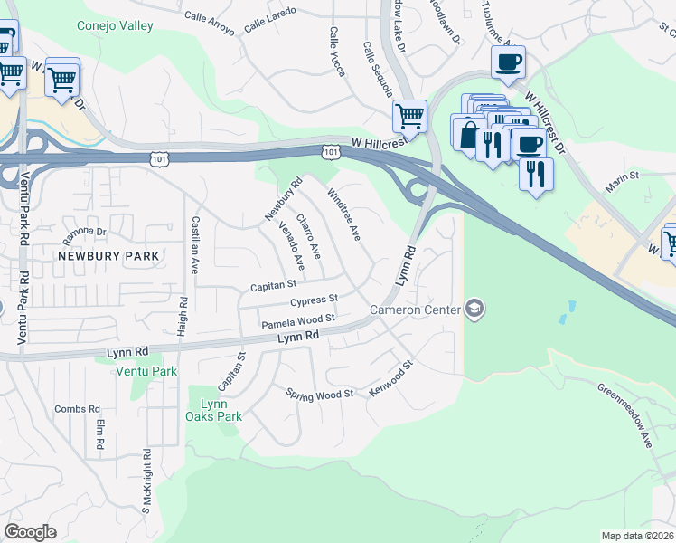 map of restaurants, bars, coffee shops, grocery stores, and more near 146 North Greenmeadow Avenue in Thousand Oaks