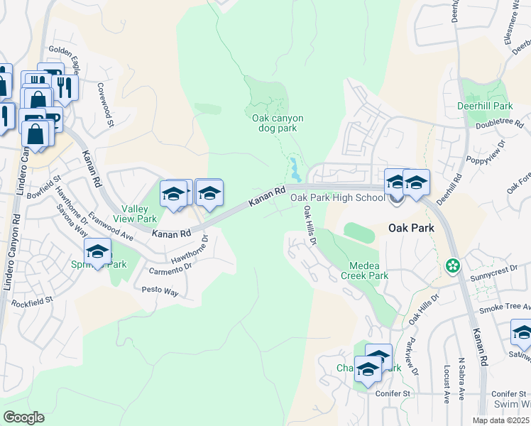 map of restaurants, bars, coffee shops, grocery stores, and more near 5423 Spanish Oak Lane in Oak Park