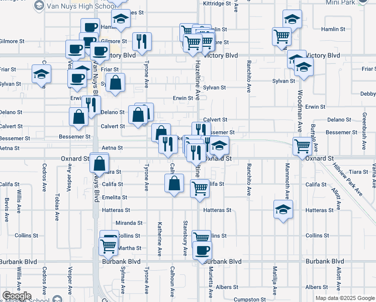 map of restaurants, bars, coffee shops, grocery stores, and more near 14122 Aetna Street in Los Angeles
