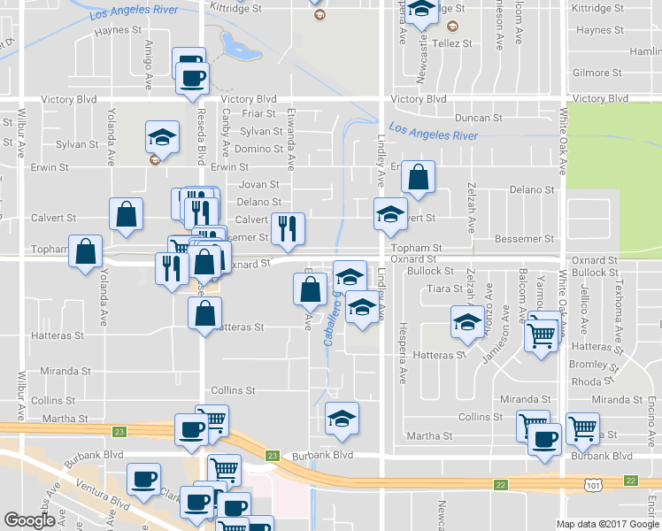 map of restaurants, bars, coffee shops, grocery stores, and more near 18210 Oxnard Street in Los Angeles