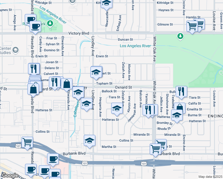 map of restaurants, bars, coffee shops, grocery stores, and more near 17933 Topham Street in Los Angeles