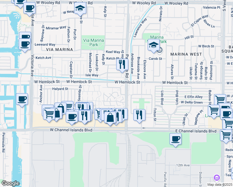 map of restaurants, bars, coffee shops, grocery stores, and more near 2602 Captains Avenue in Port Hueneme