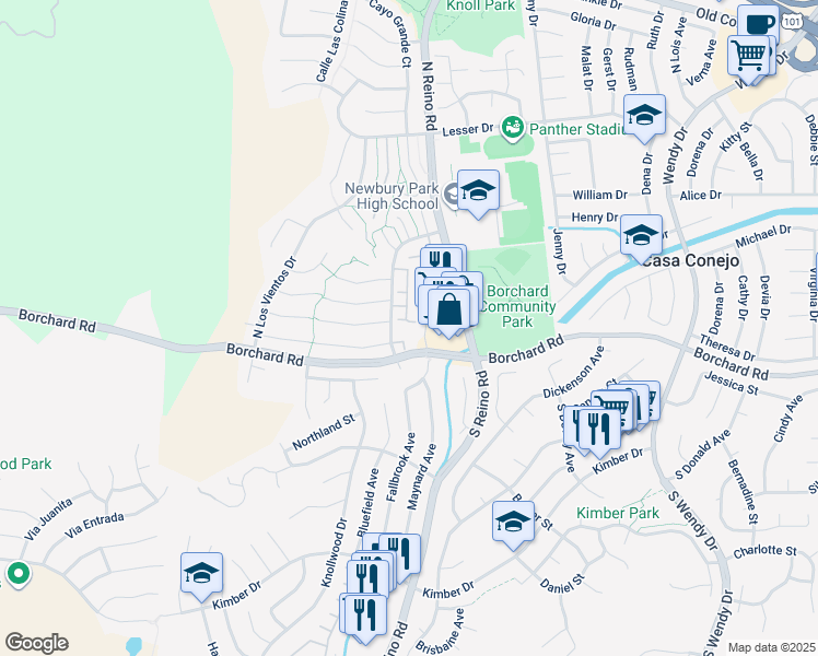 map of restaurants, bars, coffee shops, grocery stores, and more near 3732 Damiana Drive in Thousand Oaks