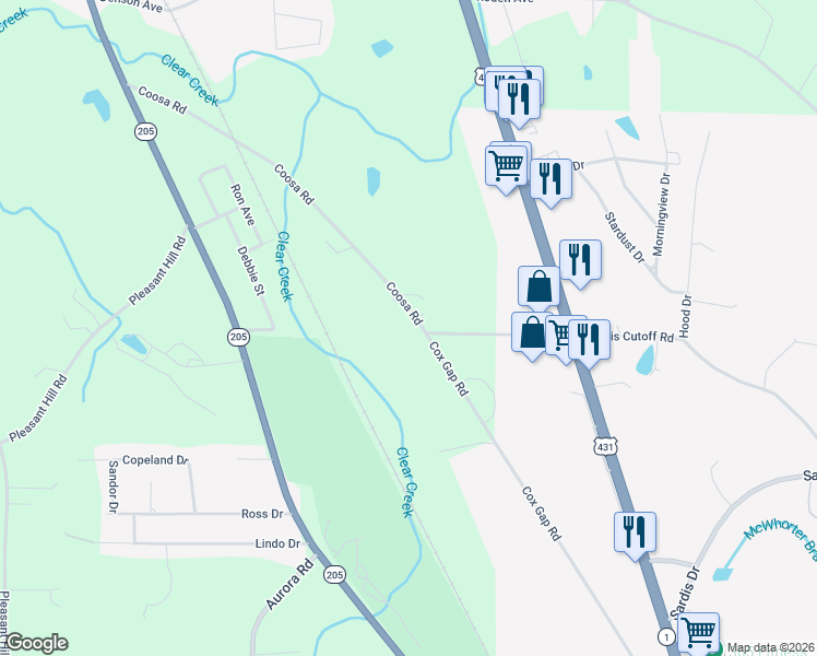 map of restaurants, bars, coffee shops, grocery stores, and more near 766 Coosa Road in Boaz