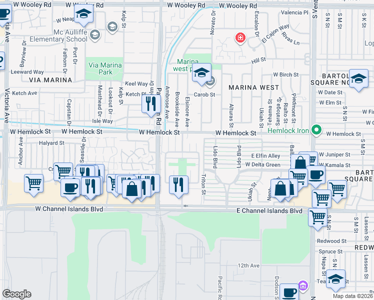 map of restaurants, bars, coffee shops, grocery stores, and more near 2754 Bolker Drive in Port Hueneme