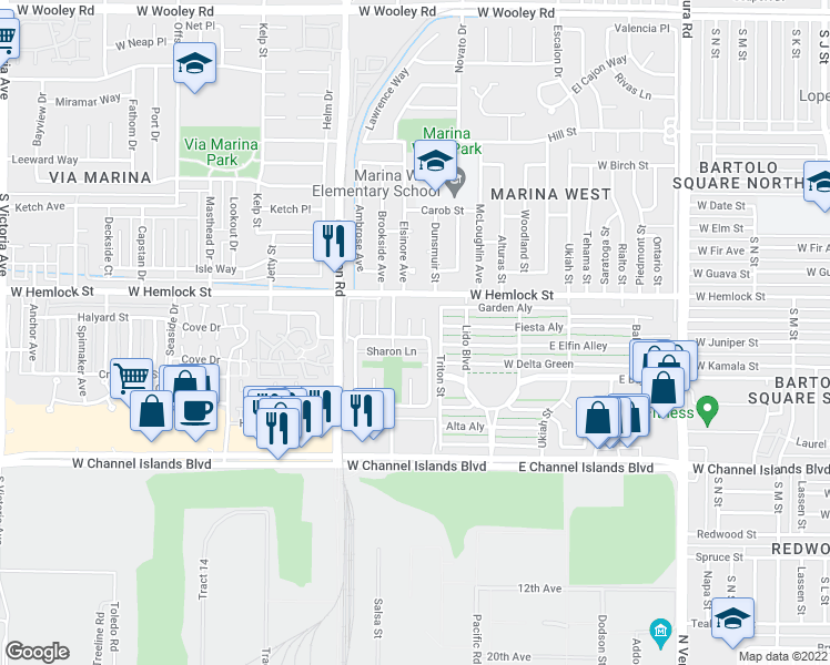 map of restaurants, bars, coffee shops, grocery stores, and more near 2711 Jill Place in Port Hueneme