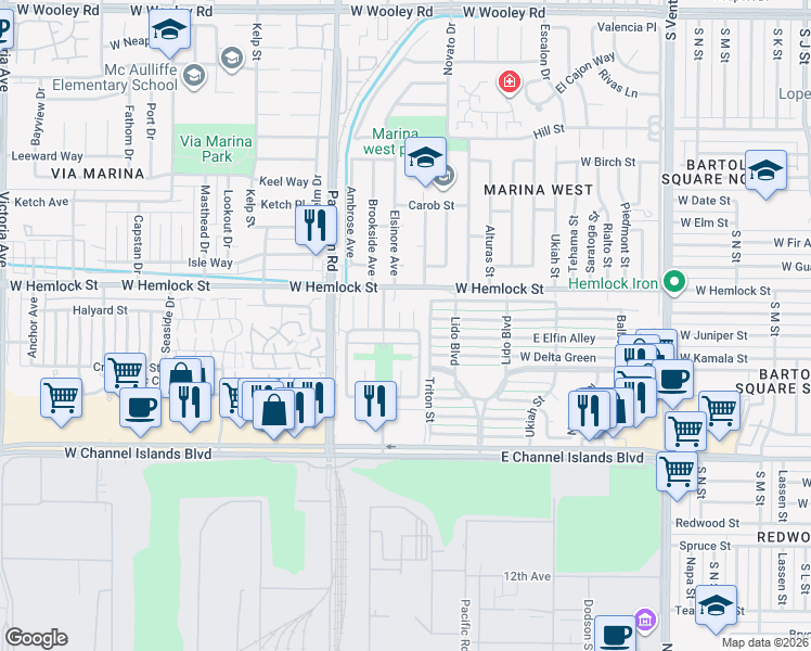 map of restaurants, bars, coffee shops, grocery stores, and more near 2711 Jill Place in Port Hueneme