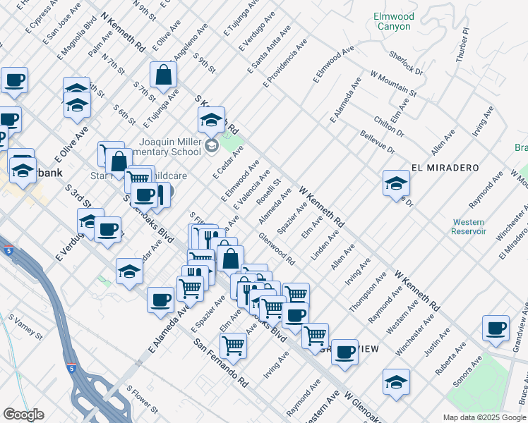 map of restaurants, bars, coffee shops, grocery stores, and more near 1225 Alameda Avenue in Glendale