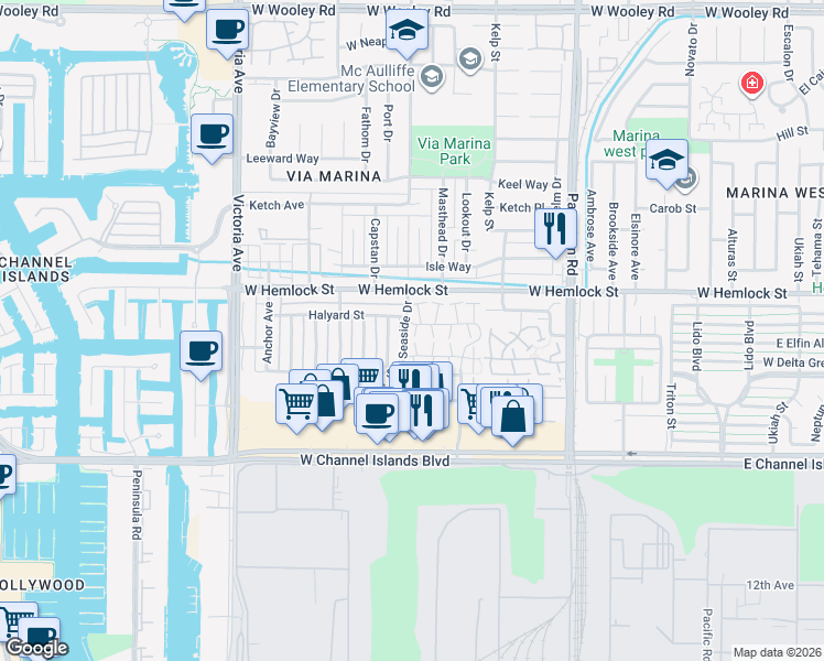 map of restaurants, bars, coffee shops, grocery stores, and more near 2613 Abalone Cove in Port Hueneme