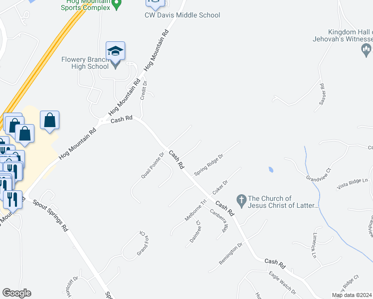 map of restaurants, bars, coffee shops, grocery stores, and more near 4611 Laurel Brook Drive in Flowery Branch