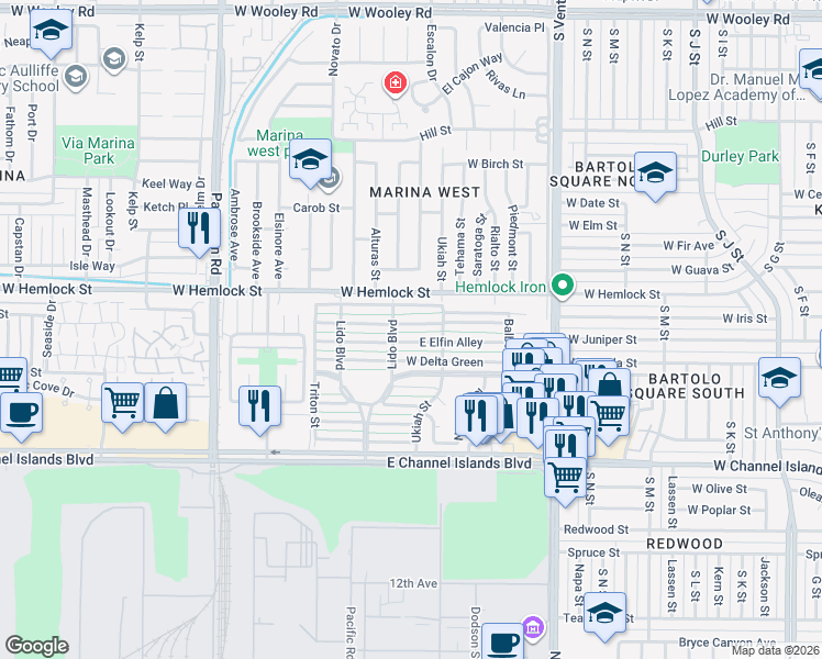 map of restaurants, bars, coffee shops, grocery stores, and more near 135 East Fiesta Green in Port Hueneme