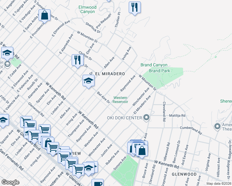 map of restaurants, bars, coffee shops, grocery stores, and more near 1437 Raymond Avenue in Glendale