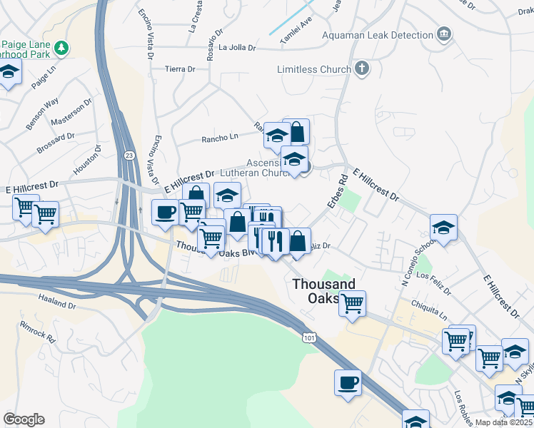 map of restaurants, bars, coffee shops, grocery stores, and more near 98 Maegan Place in Thousand Oaks