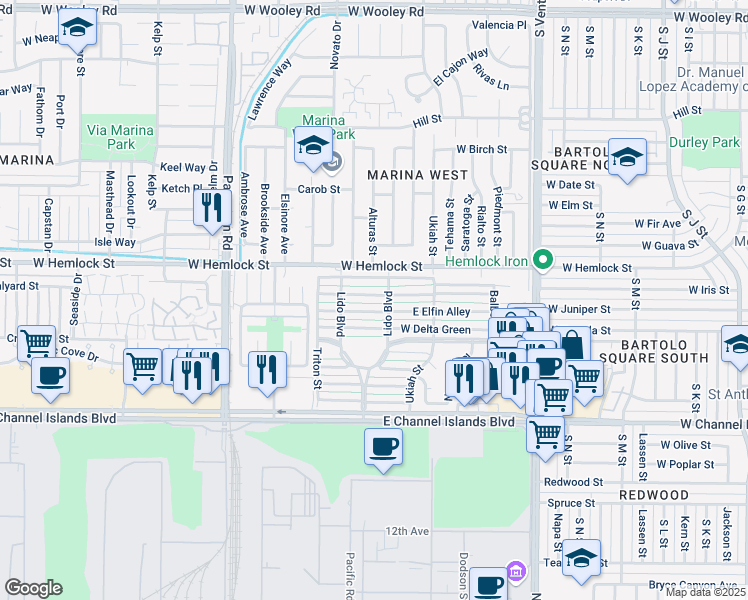 map of restaurants, bars, coffee shops, grocery stores, and more near 31 West Fiesta Green in Port Hueneme