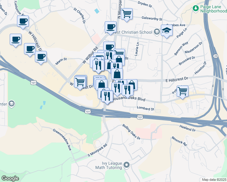 map of restaurants, bars, coffee shops, grocery stores, and more near 1280 East Hillcrest Drive in Thousand Oaks
