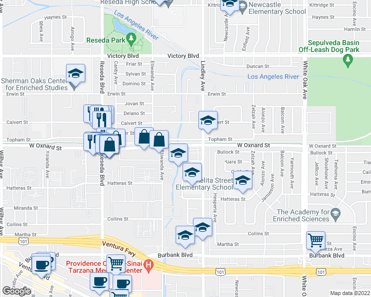 map of restaurants, bars, coffee shops, grocery stores, and more near 18150 Oxnard Street in Los Angeles