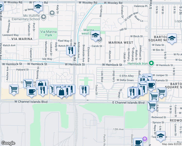 map of restaurants, bars, coffee shops, grocery stores, and more near 2731 Jill Place in Port Hueneme
