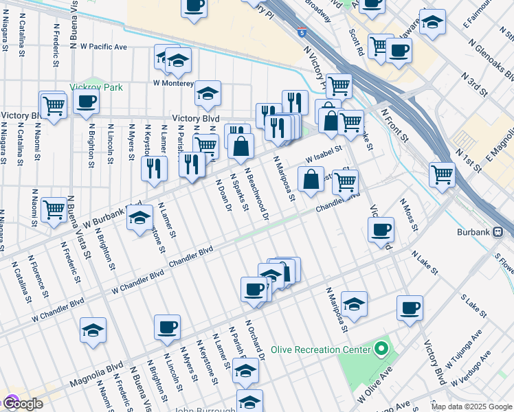 map of restaurants, bars, coffee shops, grocery stores, and more near 731 North Beachwood Drive in Burbank