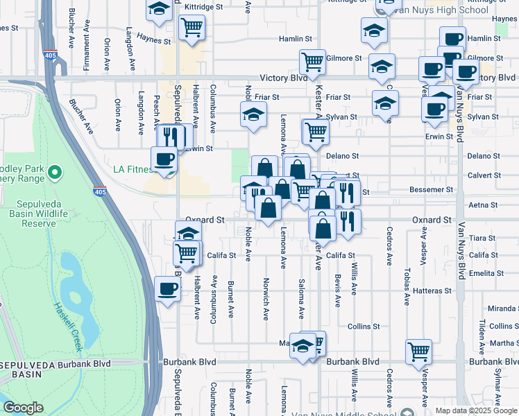 map of restaurants, bars, coffee shops, grocery stores, and more near 15025 Oxnard Street in Los Angeles