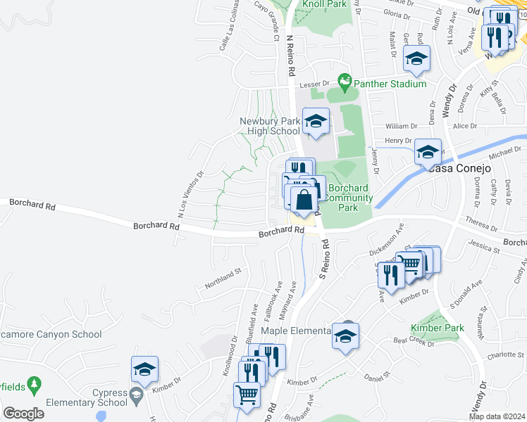 map of restaurants, bars, coffee shops, grocery stores, and more near 3786 San Marcos Court in Thousand Oaks