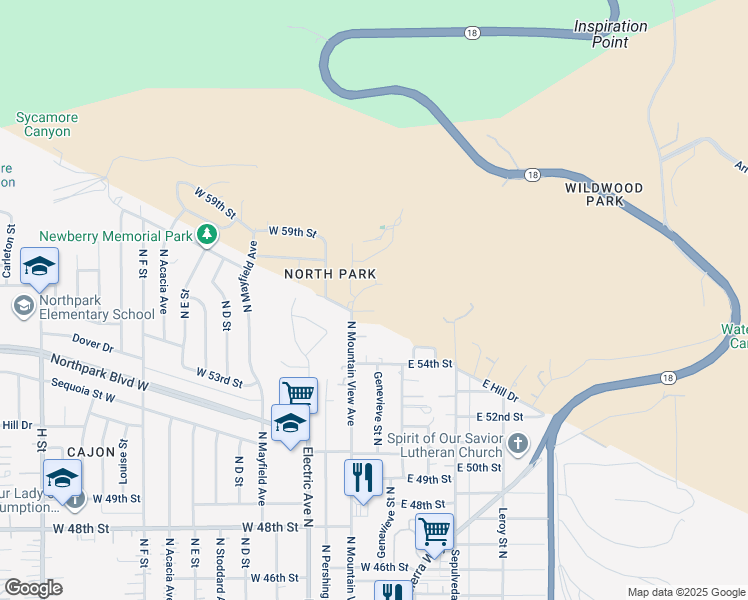 map of restaurants, bars, coffee shops, grocery stores, and more near 160 Lupin Lane in San Bernardino