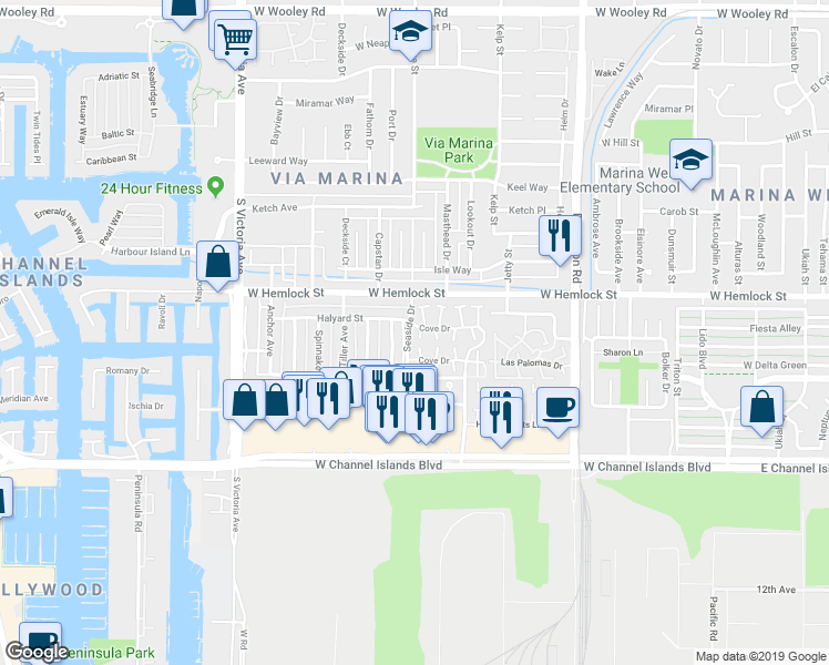 map of restaurants, bars, coffee shops, grocery stores, and more near 2613 Abalone Cove in Port Hueneme