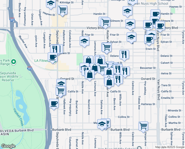 map of restaurants, bars, coffee shops, grocery stores, and more near in Los Angeles