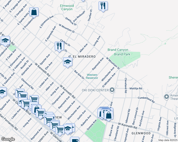 map of restaurants, bars, coffee shops, grocery stores, and more near 1437 Raymond Avenue in Glendale