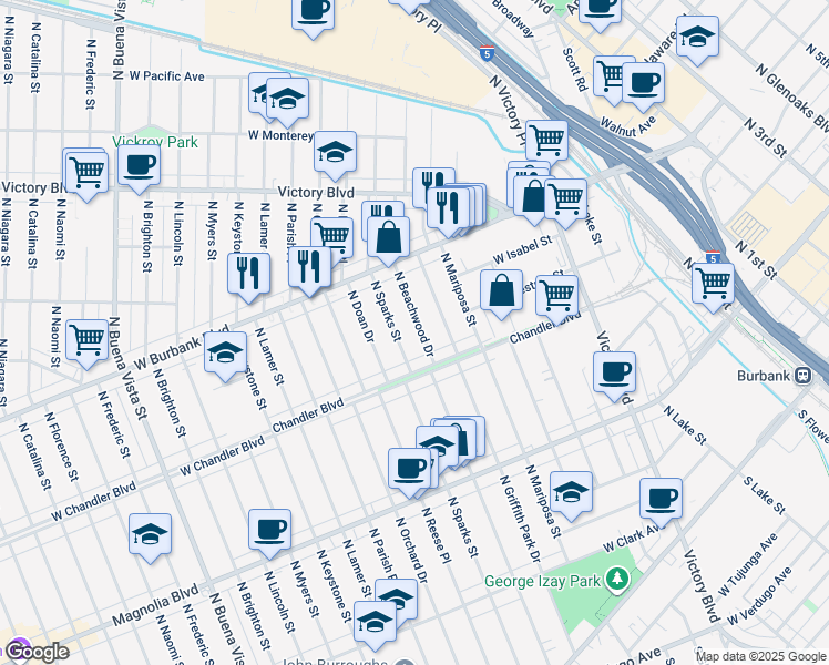 map of restaurants, bars, coffee shops, grocery stores, and more near 731 North Beachwood Drive in Burbank