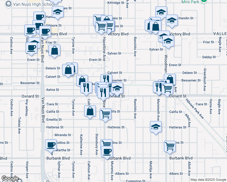 map of restaurants, bars, coffee shops, grocery stores, and more near 14037 Oxnard Street in Los Angeles