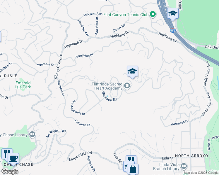 map of restaurants, bars, coffee shops, grocery stores, and more near 732 Saint Katherine Drive in La Cañada Flintridge