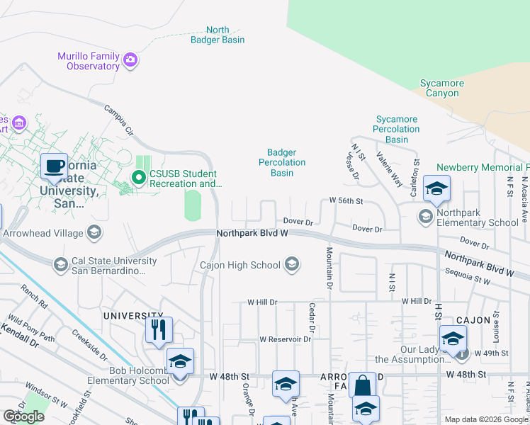 map of restaurants, bars, coffee shops, grocery stores, and more near 5543 North Magnolia Drive in San Bernardino