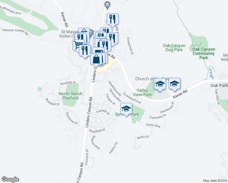 map of restaurants, bars, coffee shops, grocery stores, and more near 510 Savona Way in Oak Park
