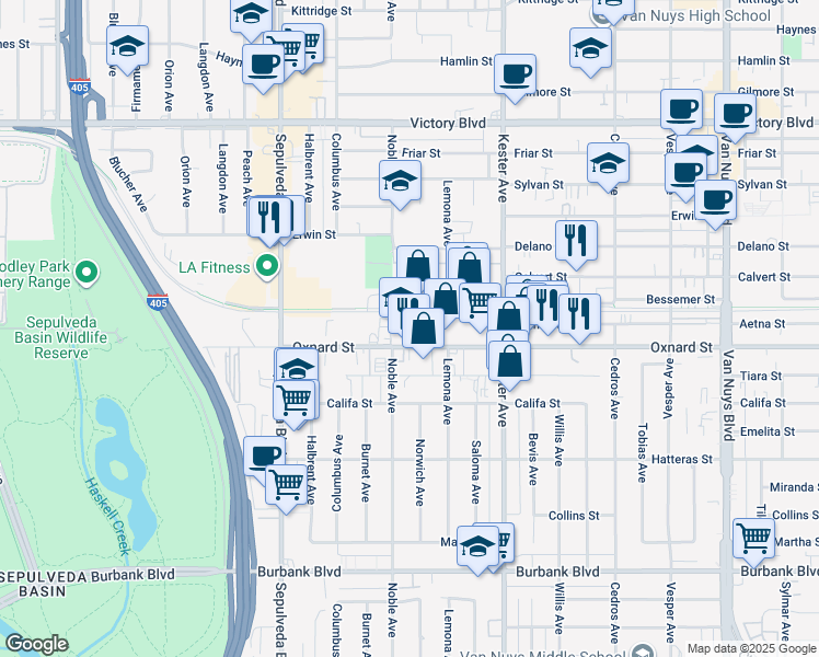 map of restaurants, bars, coffee shops, grocery stores, and more near 15025 Oxnard Street in Los Angeles
