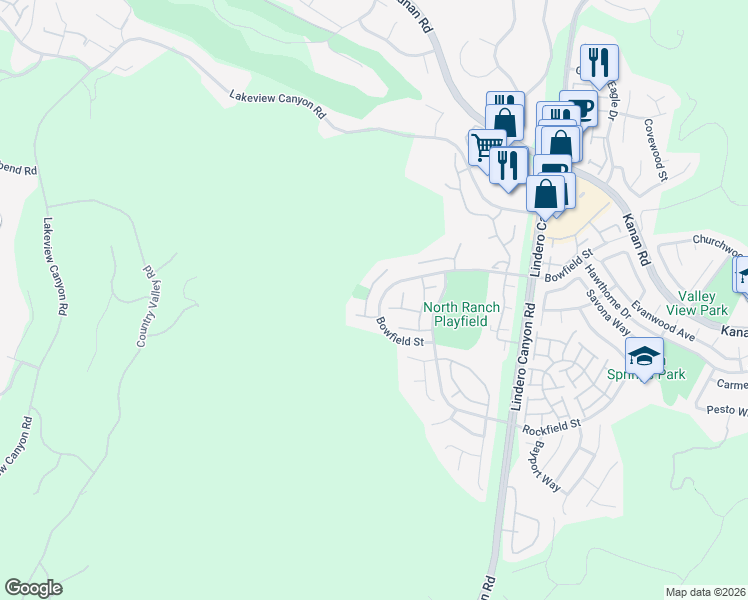 map of restaurants, bars, coffee shops, grocery stores, and more near 946 Blue Mountain Circle in Westlake Village